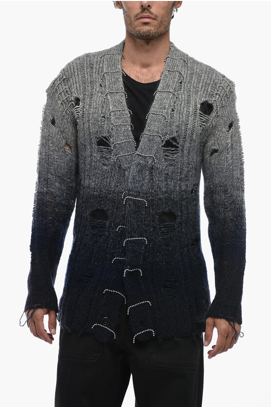 Off-white Mohair Blend Degradè Cardigan With Beads Detail In Gray