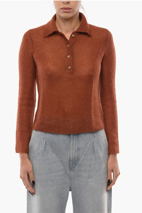 VINCE MOHAIR-BLEND SHEER SWEATER WITH POLO COLLAR