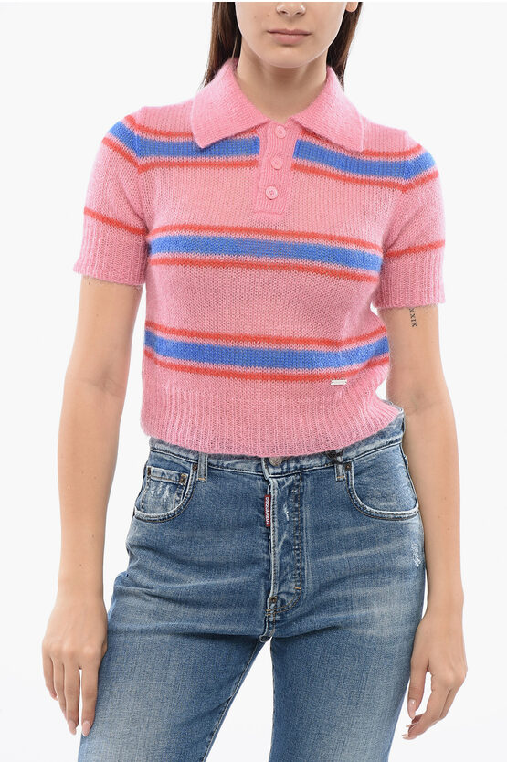 DSQUARED2 MOHAIR BLEND SOFT CROP POLO WITH BALANCED STRIPE MOTIF