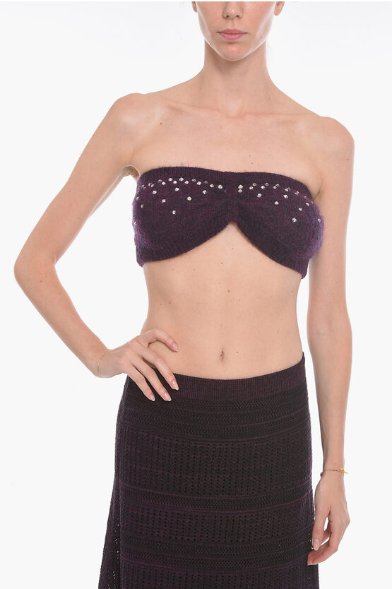 Alessandra Rich Mohair Cropped Top With Crystals Application In Black