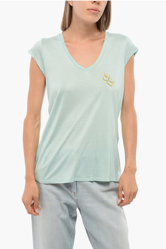 Elisabetta Franchi Monochrome T-shirt With V Neck In Green