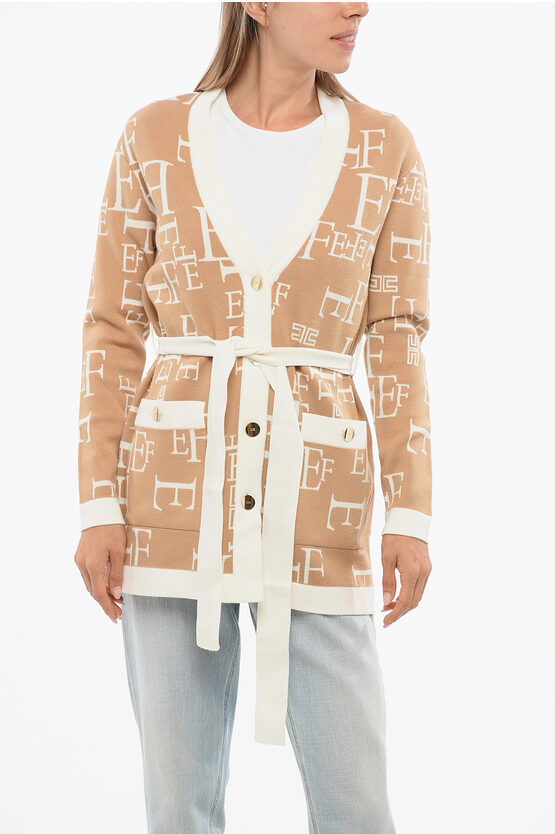Elisabetta Franchi Monogram Cardigan With Belt In Multi