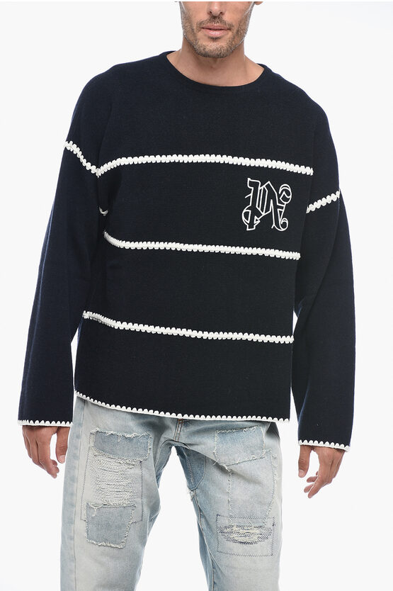 Shop Palm Angels Monogram Embroidered Sweater With Crochet Detail