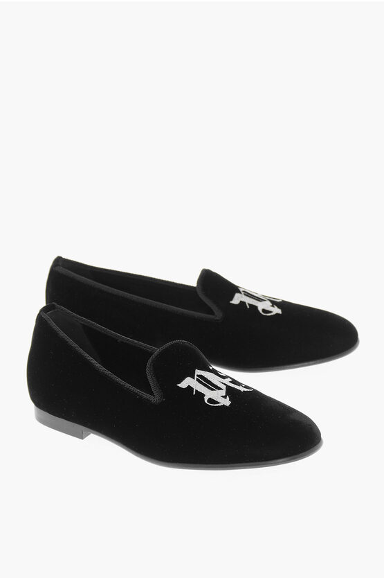 Shop Palm Angels Monogram Embroidered Velvet Loafers