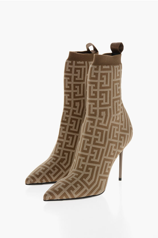 Balmain Monogram Fabric Boot Skye-knit Sock Ankle Boots With Heel 10 In Animal Print