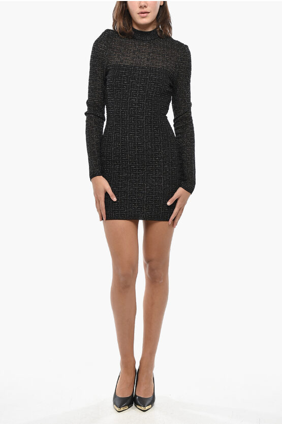Balmain Monogram Lurex Sheath Dress With Back Zip In Black
