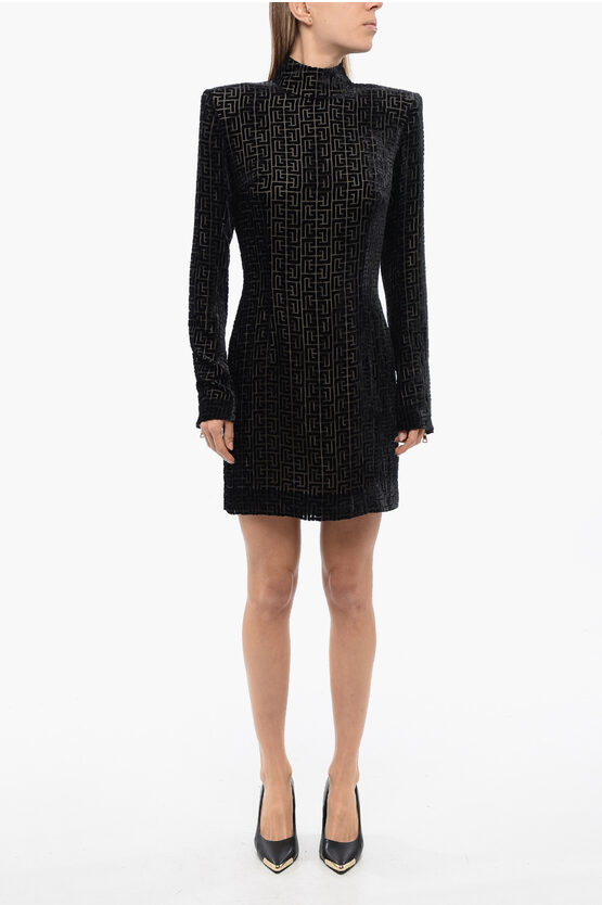 Balmain Monogram Patterned Flocked Mesh Sheath Dress In Black