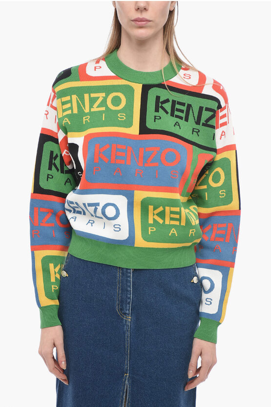 Shop Kenzo Monogram Patterned Paris Label Cotton Sweater