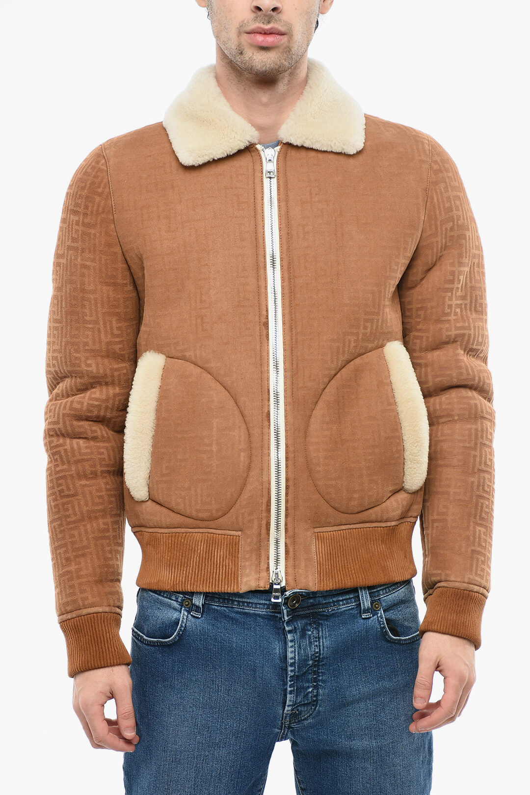 Balmain Monogram Suede Bomber Jacket With Shearling Padding Men ...