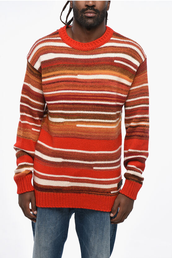Dsquared2 Multicolor Striped Crew-neck Sweater With Leather Patch In Red