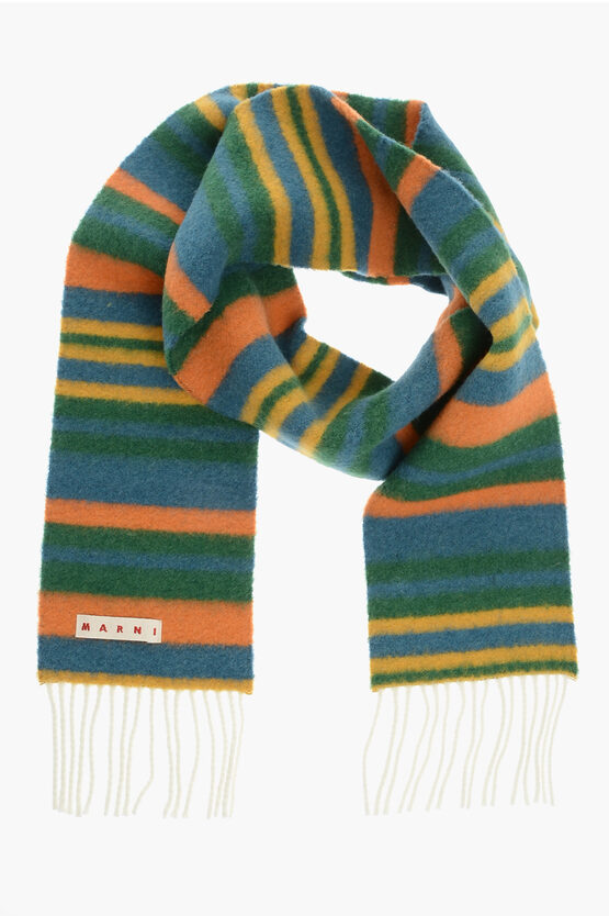 Marni Multicolor Striped Scarf With Fringes In Green