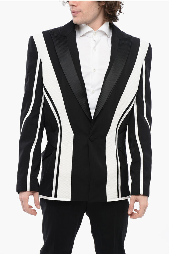 Balmain Multifabric Blazer With Tape Detail In Blue