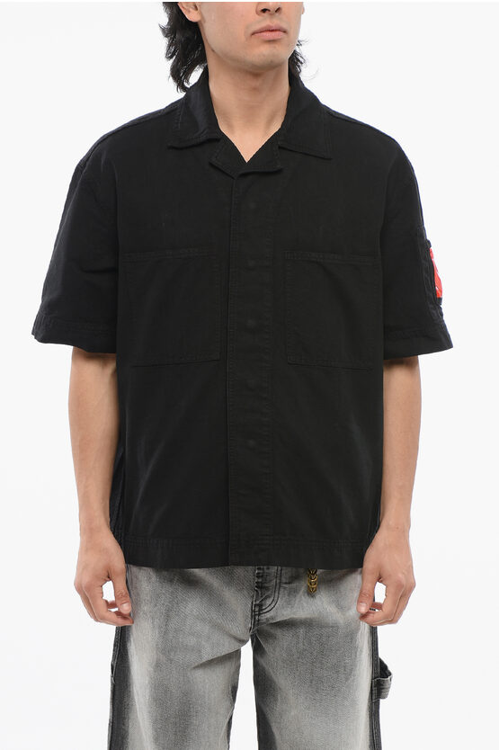 44 Label Group Black Bowling Shirt With Logo Patch In Cotton Denim Man