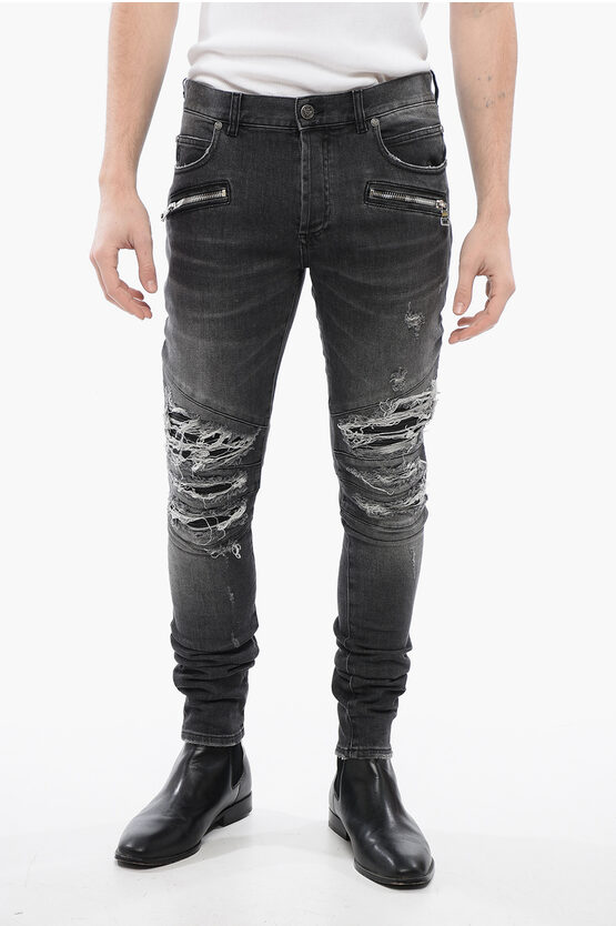 Balmain Multipocketed Distressed Denims With Leather Biker Inserts 1