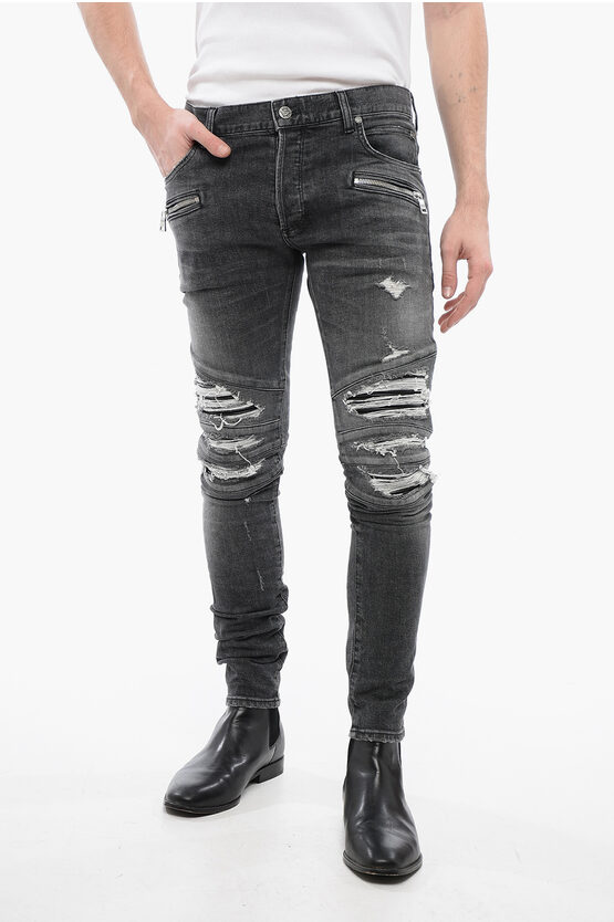 Balmain Multipocketed Distressed Denims With Leather Biker Inserts 1