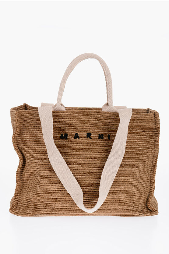 Shop Marni Natural Raffia Effect Fabric Oversized Tote Bag