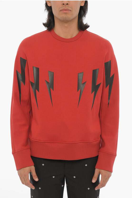 Shop Neil Barrett Neoprene Slim Fit Crew-neck Sweatshirt With Thunderbolts Pri