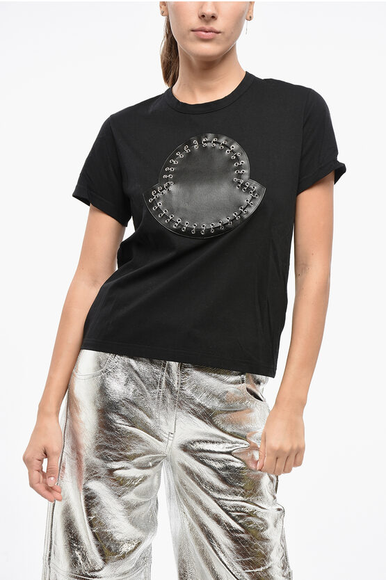 Moncler Noir Kei Ninomiya 6 Cotton Crew-neck T-shirt With Faux Leath Grösse S In Black