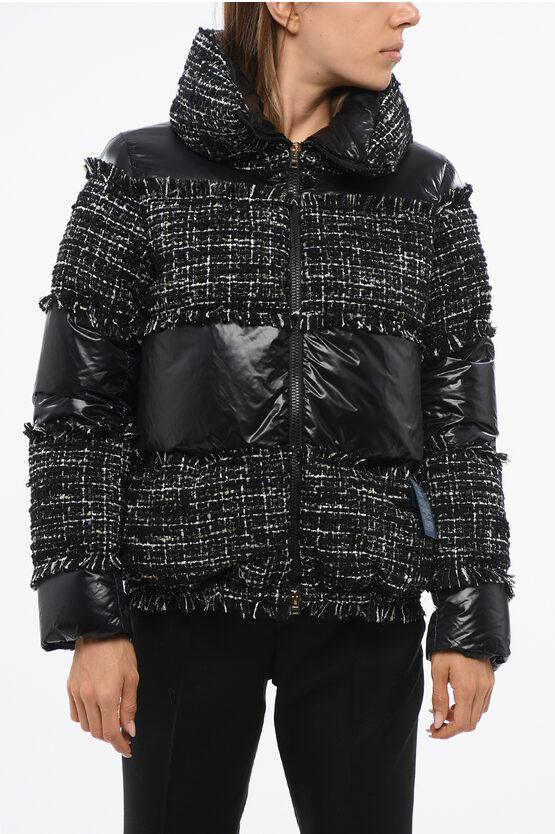 Herno Nylon And Tweed Down Jacket With Front Zip In Black