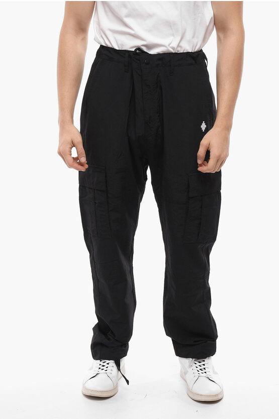 Marcelo Burlon County Of Milan Nylon Cross Cargo Trousers With Ankle Drawstring In Black