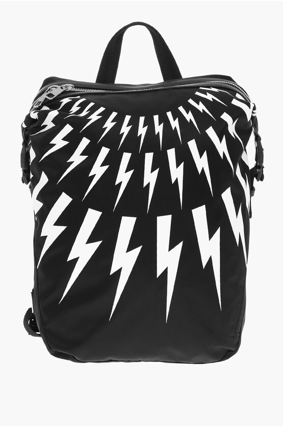 Neil Barrett Nylon Fair-isle Thunderbolt Backpack With Leather Details In Black