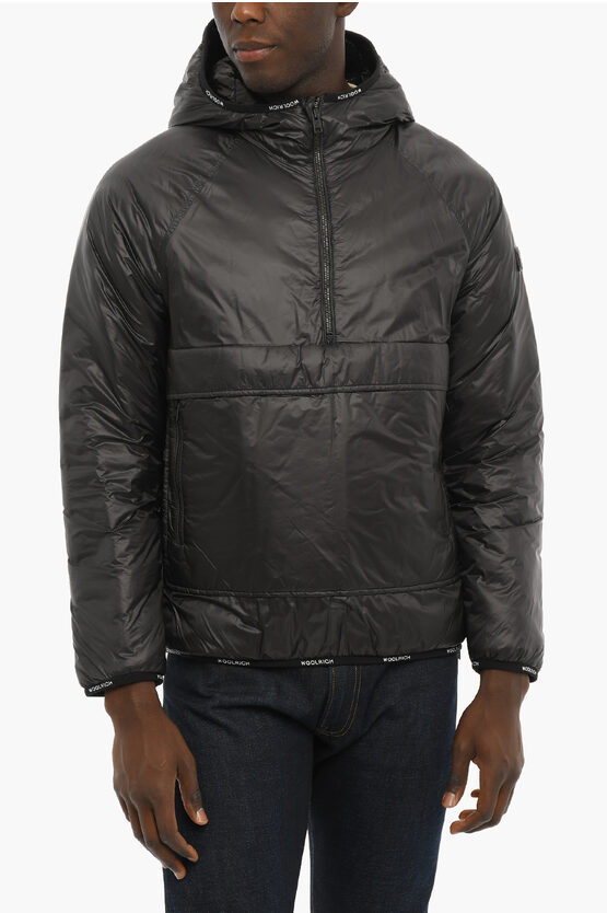 Woolrich Nylon Rip Stop Checked Pack-it Padded Jacket With Hood In Black