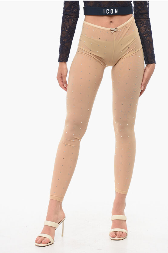Dsquared2 Nylon Sheer Collant With All-over Rhinestones In Neutral