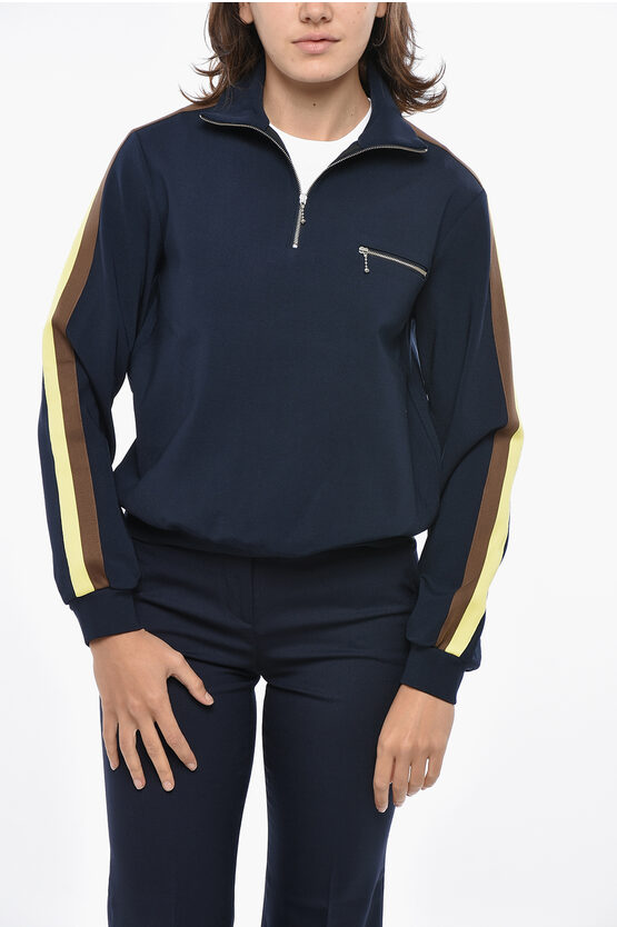 Tory Burch Nylon Sweatshirt With Contrasting Side Band And Breast Pocke In Blue