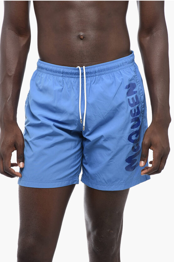 Shop Alexander Mcqueen Nylon Swim Shorts With Printed Logo