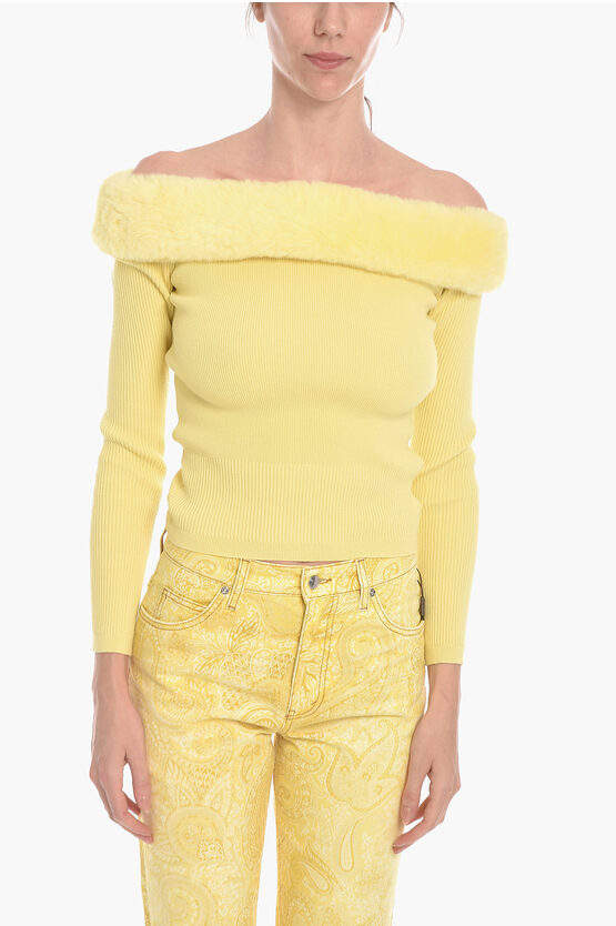 Blumarine Off-shoulder Sweather With Cruelty-free Fur Detail In Yellow