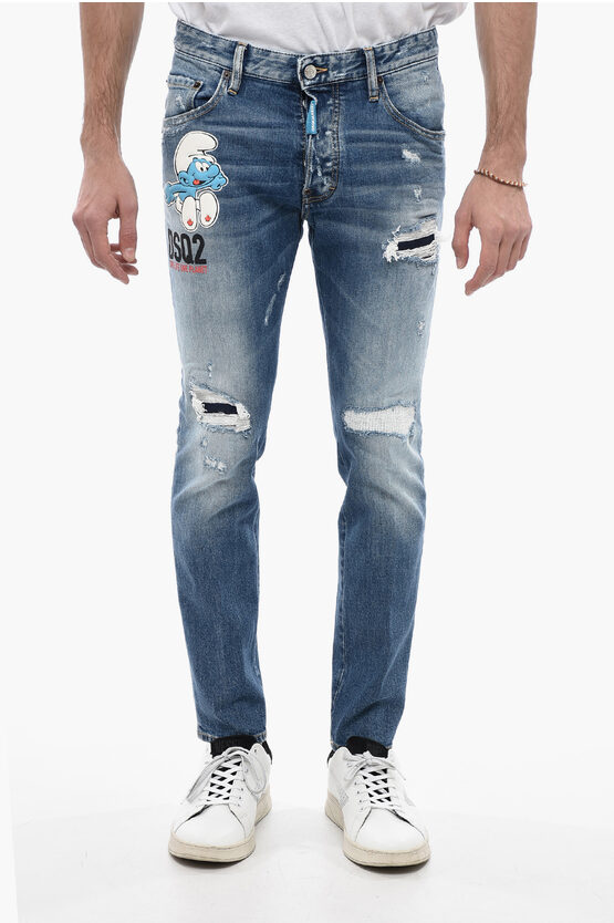 Dsquared2 One Life One Planet Distressed The Smurfs Denims With Patche In Blue