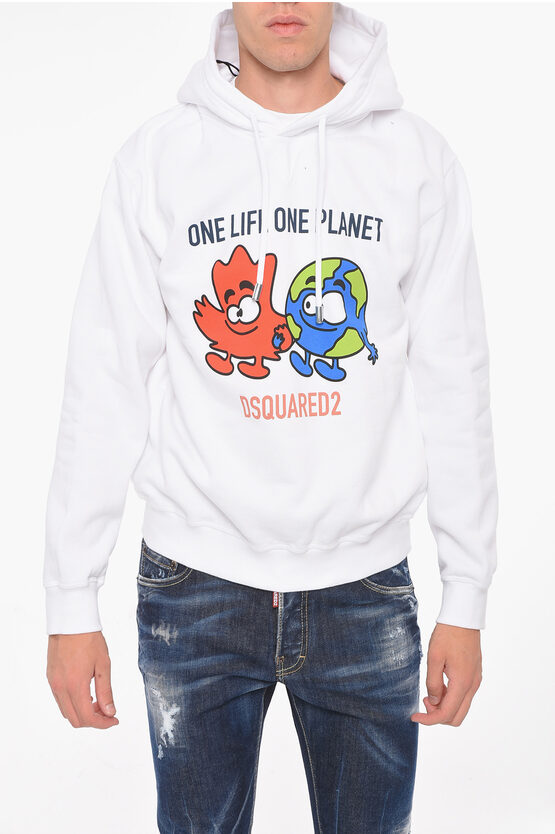 Dsquared2 One Life One Planet Fleeced-cotton Hoodie With Print In White
