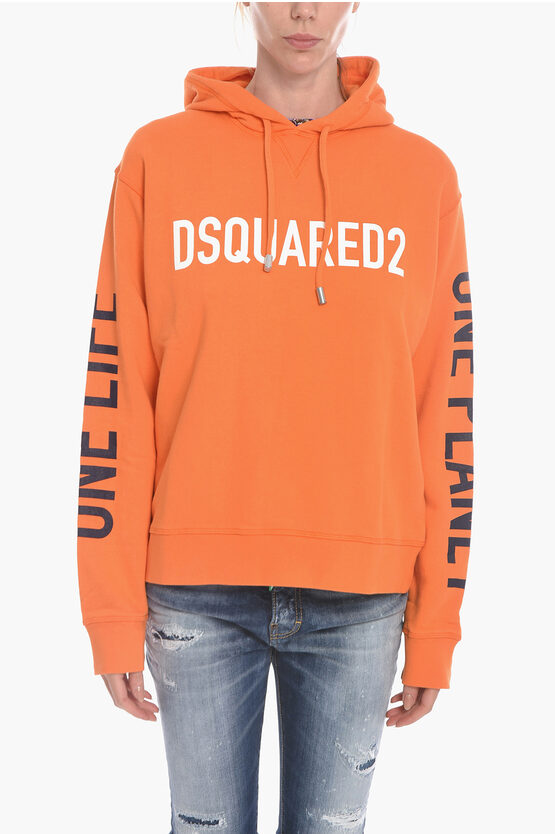Dsquared2 One Planet Ona Life Hoodie Sweatshirt With Lettering In Orange