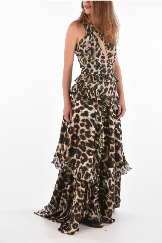 Philipp Plein One-shoulder Maculate Long Dress With Ruffles In Animal Print