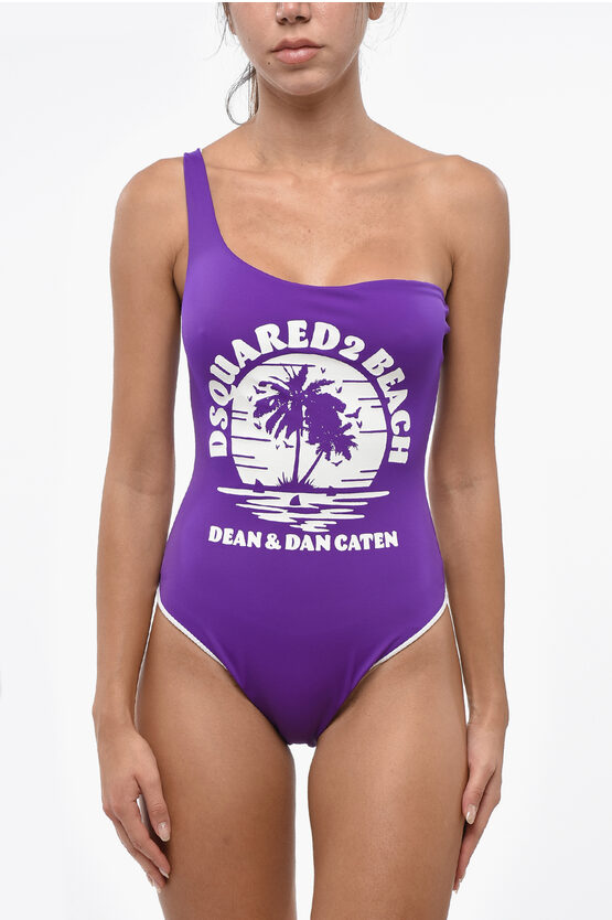Dsquared2 One Shoulder Maxi Frontal Printed One Piece Swimsuit In Purple