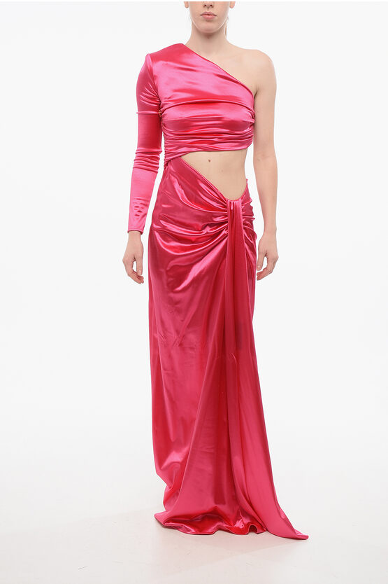 Elisabetta Franchi One Shoulder Satin Dress With Cut-outs In Pink
