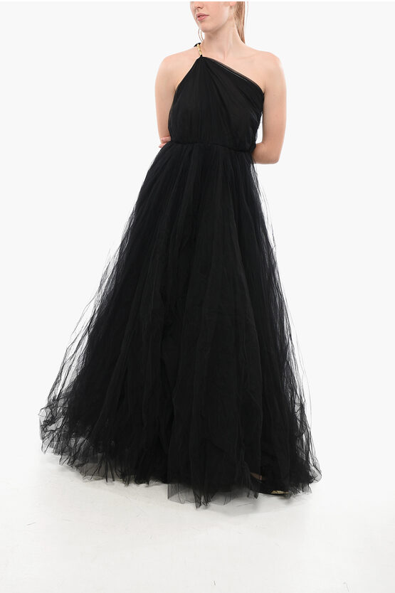 Elisabetta Franchi One-shoulder Tulle Maxidress In Black