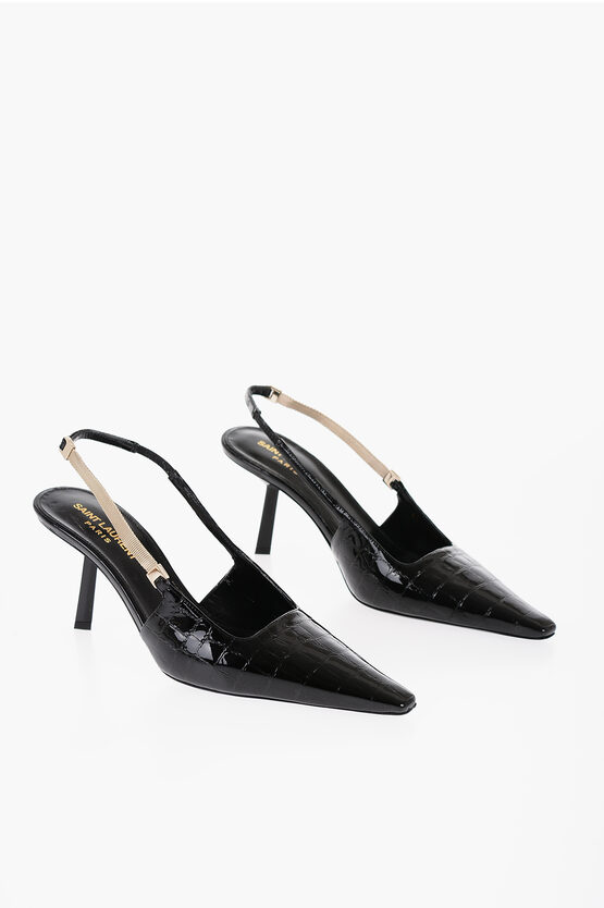 Saint Laurent Open Back Crocodile-effect Leather Pumps 7,5cm In Black