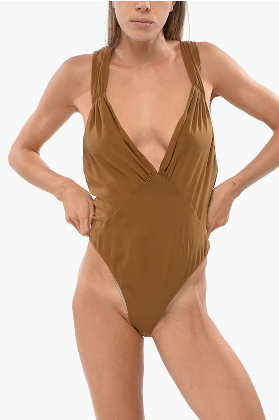 Saint Laurent Open Back Silk Stretch Body In Brown