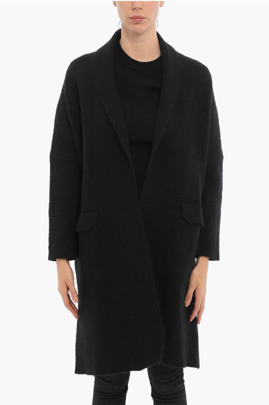 Woolrich Open Front Maxi Cardigan With Flap Pockets In Black