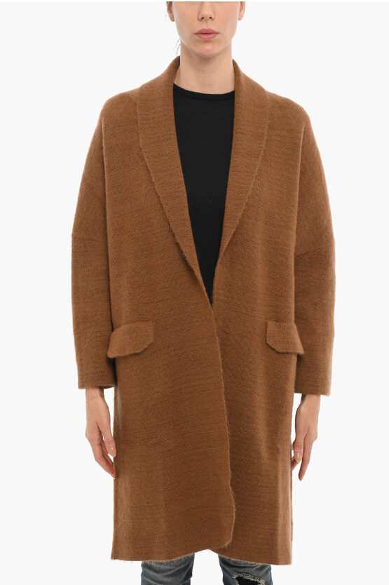 Woolrich Open Front Maxi Cardigan With Flap Pockets In Brown
