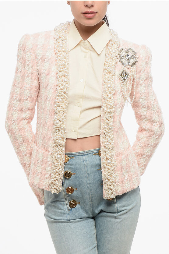 Balmain Open Front Tweed Blazer Embellished With Decorative Beads An In White