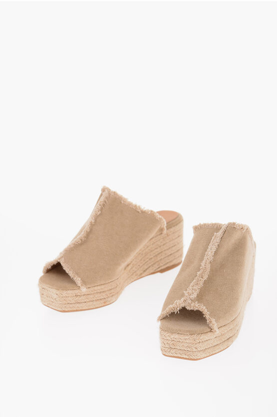 Castaã±er Open Toe Canvas Mules With Raffia Wedge In Gold