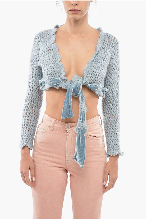 Matimì Openwork Cropped Cardigan With Self-tie Detailing In Blue