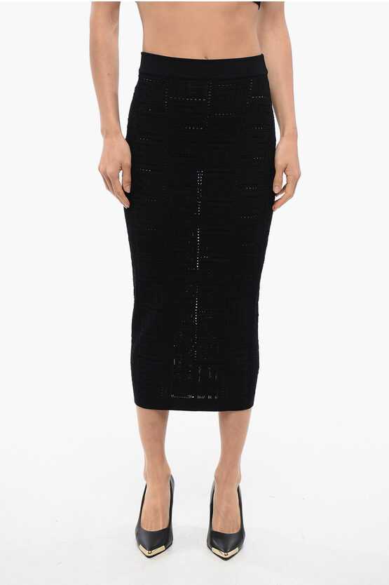 Balmain Openwork Midi Skirt With Monogrammed Motif In Black