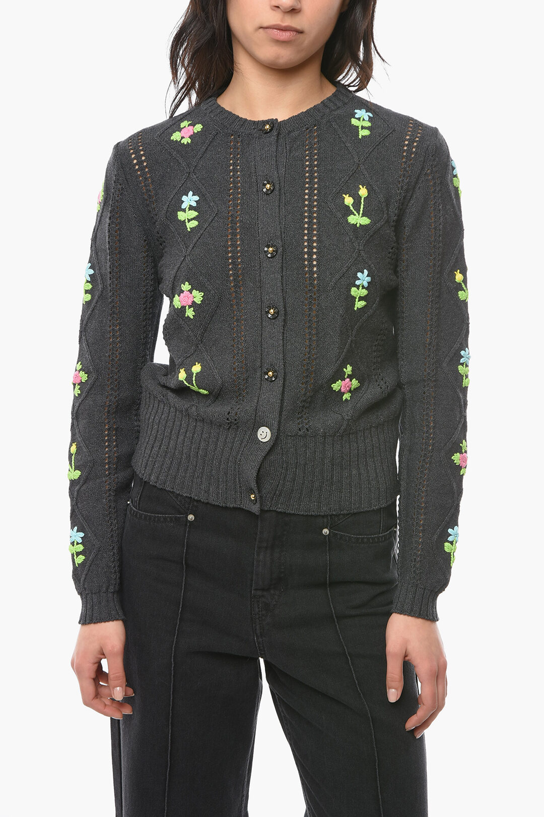 Openwork OMA Cardigan with Floral Embroidery and Buttons