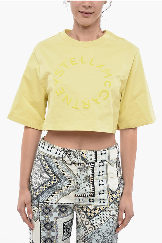 Stella Mccartney Organic Cotton Crop T-shirt With Flocked Logo In Yellow