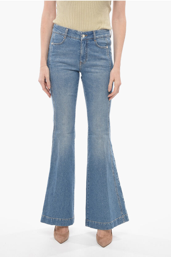 Stella Mccartney Organic Cotton Flared Fit Denims With Side Logoed Bands 34cm In Blue