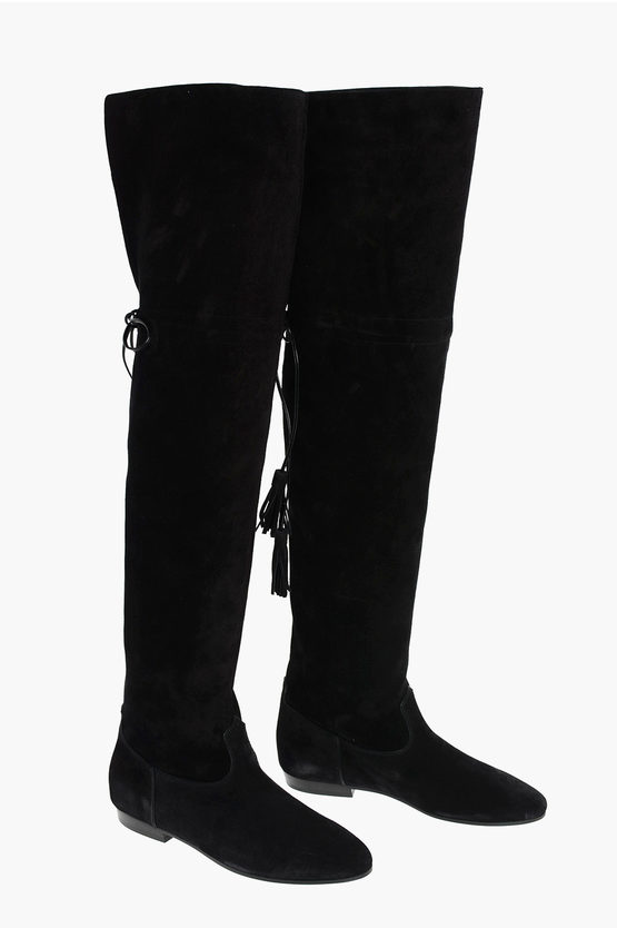 Celine Over The Knee Suede Boots With Laces And Tassels Detail