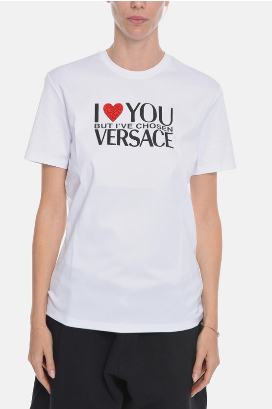 Shop Versace Oversize Crew Neck T-shirt With Rhinestone Heart